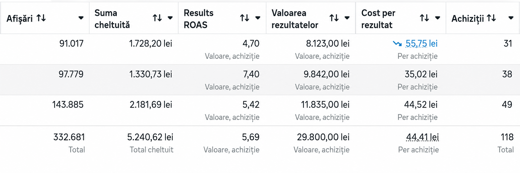 Rezultate Meta Ads Manager — client fashion